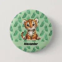 Cute Cartoon Tiger on Tropical Leaves Button