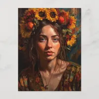 A Beautiful Woman With Sunflowers in Her Hair Postcard