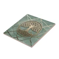 Celtic Tree of Life Sage Marble Gold Crann Bethadh Ceramic Tile
