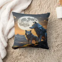 Majestic Wolves Under Full Moon.  Throw Pillow