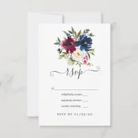 Bordo and Navy Watercolor Floral RSVP Card