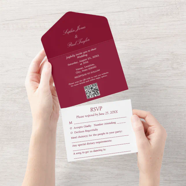 Elegant Burgundy All in One Wedding Invite