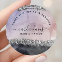 Signature Script Watercolor Purple Black Silver Classic Round Sticker