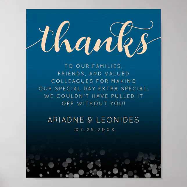 Elegant Peach Oceanic Blue Wedding Thank You Poster