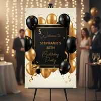 Elegant Black Gold Balloons Birthday Welcome Party Foam Board