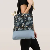 Blue and Gold Ornaments Poinsettias Color Block Tote Bag