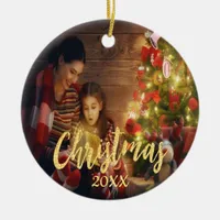 Christmas family photo gold script ceramic ornament