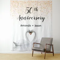 Gold 50th anniversary white swans in love tapestry