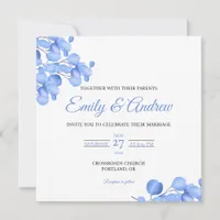 Blue Foliage Watercolor Floral Square Wedding Invitation