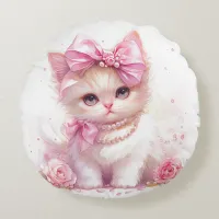 Sweet Coquette Kitten with Pearls Round Pillow