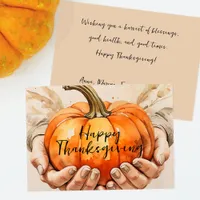 Hands Gently Holding a Pumpkin Thanksgiving Holiday Card