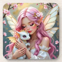 An Elegant Fairy and her Baby Dragon Personalized Beverage Coaster