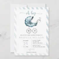 Oh Boy Blue Stroller Pram Boy Baby Shower  Invitation