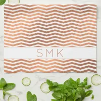 Copper Rose Gold Foil Chevron White Monogram Kitchen Towel