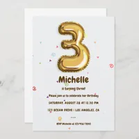 Gold Foil Balloon and Confetti 3rd Birthday Party Invitation