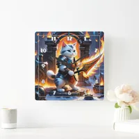 Warrior Cat in Flame-Illuminated Fortress Square Wall Clock