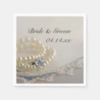 White Pearls, Diamond Ring and Blue Lace Wedding Napkins