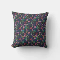 Colorful Boho Spring Flowers Navy Blue Throw Pillow