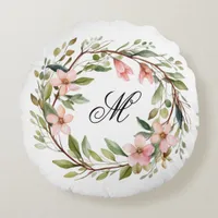 Monogram Pretty Twig and Wildflower Wreath Round Pillow