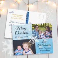 Merry Christmas Family Photo Blue  Snowflakes Holiday Postcard