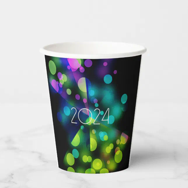 2024 new year with multicolor bubbles paper cups