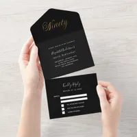 90th birthday black gold script rsvp all in one invitation