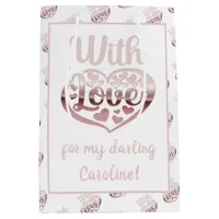 Rose gold metallic look Valentine heart love white Medium Gift Bag