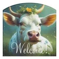 Cute White Ai Cow with Horns and Flowers Welcome Door Sign