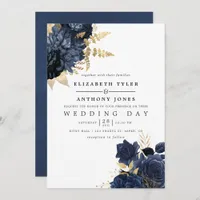 Navy Blue and Gold Vintage Shabby Roses Wedding Invitation