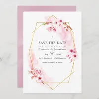 Geometric Pink Spring Cherry Blossom Wedding Photo Save The Date