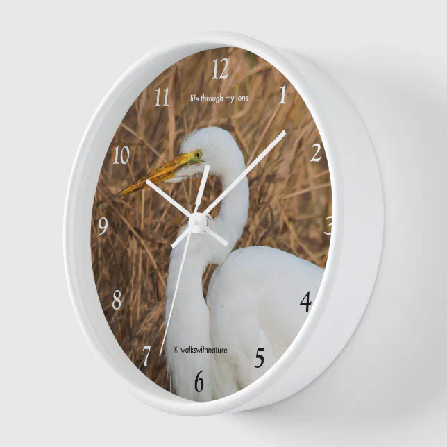 Elegant Great Egret Wading Bird in Reeds Clock