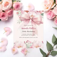 Blush pink bow florals cream birthday invitation