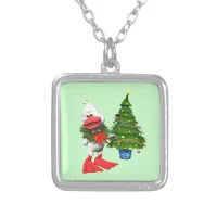 Cute White Christmas Duck Wearing a Wreath Silver Plated Necklace