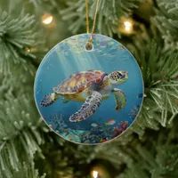 A Sea Turtle and Sun Rays in the Ocean Blue Ceramic Ornament