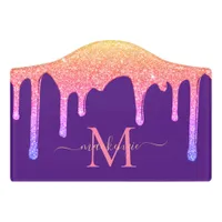 Chic Purple Rainbow Glitter Drips Monogram Door Sign
