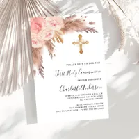 Pampas grass rose blush cross first holy communion invitation