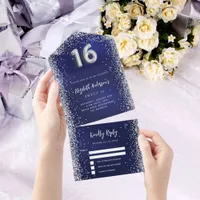 Navy blue silver glitter Sweet 16 rsvp All In One Invitation