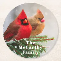 Northern Cardinals in Pine Tree Family Name Round Paper Coaster