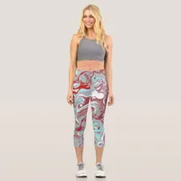 Teal and Burgundy Marble Digital Fluid Art   Capri Leggings