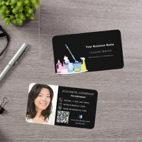 Cleaning service black QR code photo Business Card