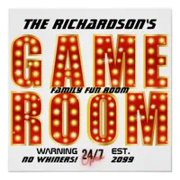 Red & Gold Family Game Room, No Whiners, Open 24/7 Poster