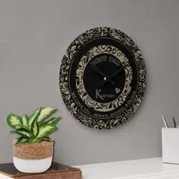 Personalized Black Gold Floral Pattern Monogram Large Clock