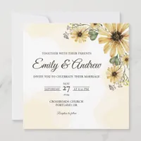 Yellow Daisy Floral Watercolor Square Wedding Invitation