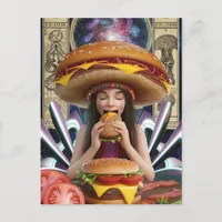 Weird Surreal Girl with a Cheeseburger Hat Postcard