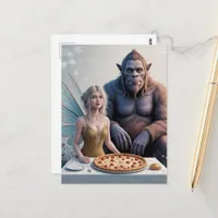 Fairy and a Sasquatch Pizza Party in the Woods Postcard