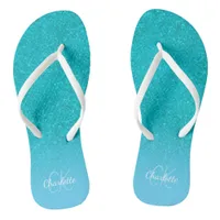 Teal blue glitter aqua sea green monogram initials flip flops
