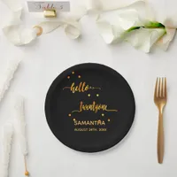 21st birthday black gold hello 21 name script paper plates