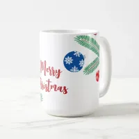 Christmas tree branch with snowflake decorations coffee mug