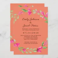 Pink Floral Greenery Coral Orange Elegant Wedding Announcement