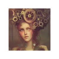 A fantasy woman with steampunk gears on her head wood wall art